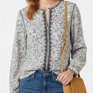 Lucky Brand Womens White &Black  Floral Boho Tunic Top Size Medium Casual Chic